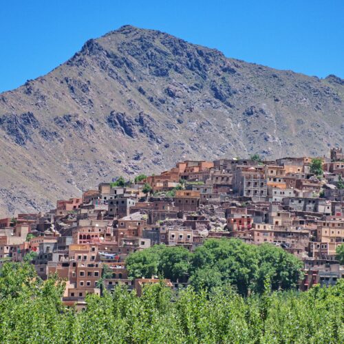 Townscape of Imlil in Morocco with High Atlas mountains in the background
